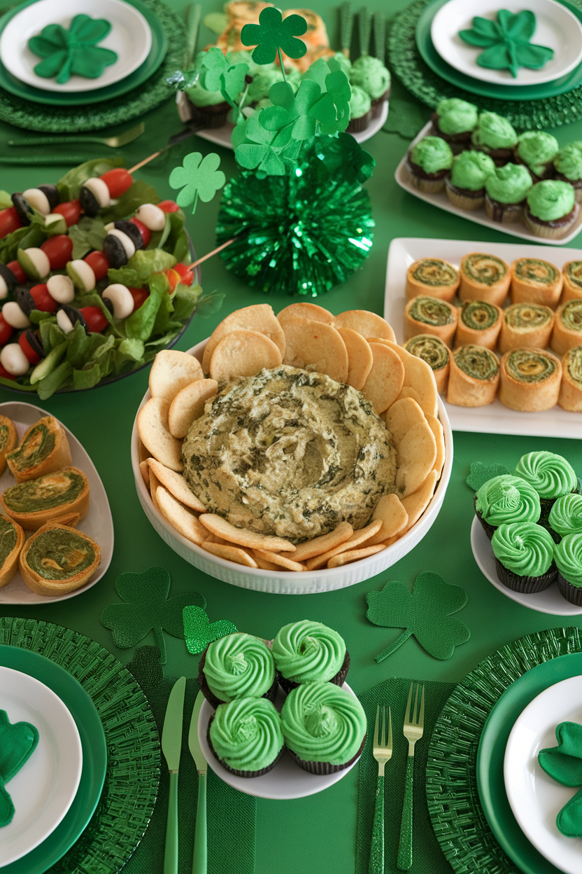 St. Patrick's Day themed table with green snacks, cupcakes, and shamrock decorations.