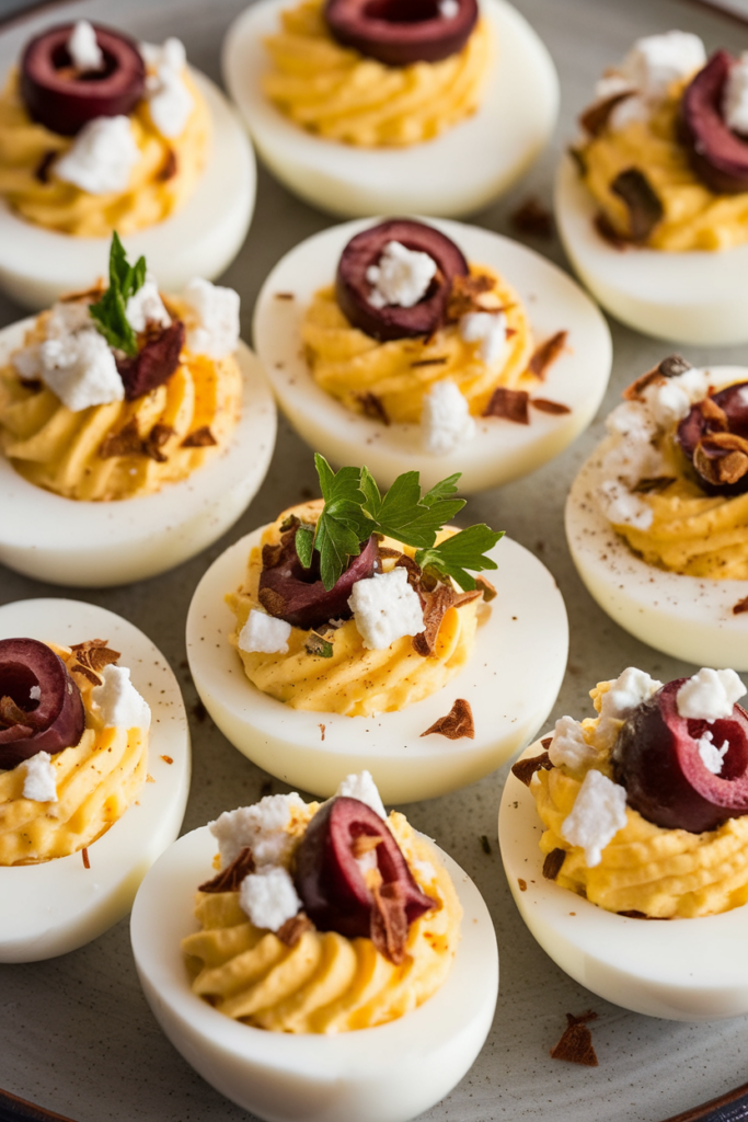 Gourmet deviled eggs topped with olives, feta cheese, and herbs on a plate. Perfect appetizer or party snack.