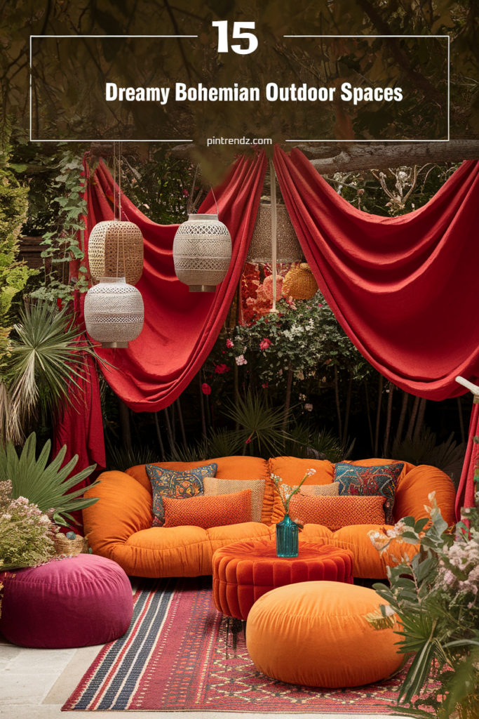 Bohemian outdoor space with vibrant cushions, red drapes, and hanging lanterns. Cozy, colorful, and stylish decor.