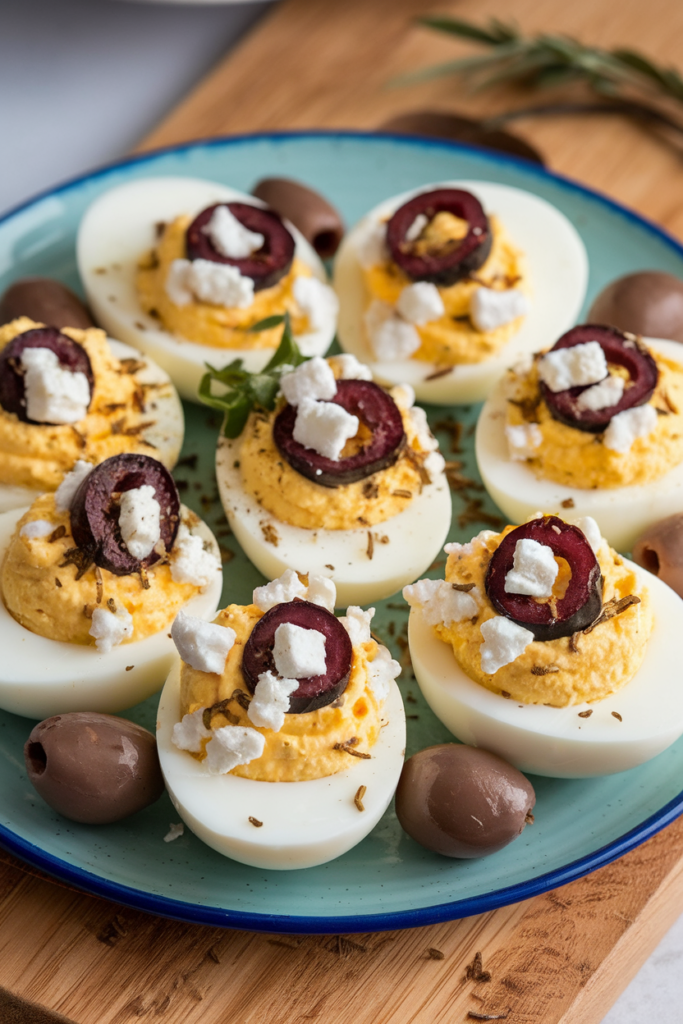 Deviled eggs with olives and feta on a blue plate, garnished with herbs, served on a wooden board.