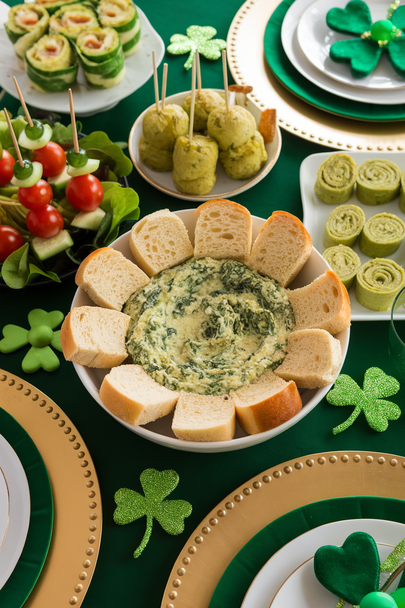 St. Patrick's Day themed party snacks with shamrock decorations on a festive green table setting.