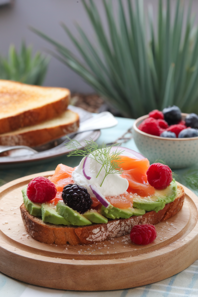 Gourmet avocado toast with smoked salmon, cream cheese, and berries on a wooden plate, breakfast setting.