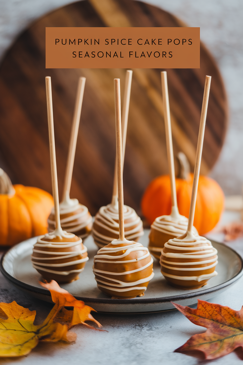 Pumpkin spice cake pops on a plate, drizzled with icing, surrounded by pumpkins and fall leaves. Seasonal treat.