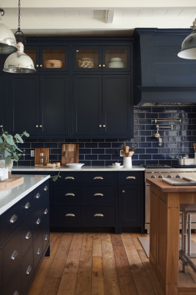 Modern kitchen with dark cabinets, wooden floor, and white countertops. Elegant design with pendant lights.