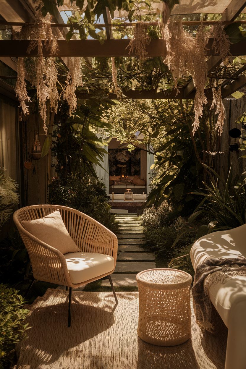 Cozy garden patio with wicker chair and table, lush greenery, and soft natural light. Perfect for relaxation outdoors.