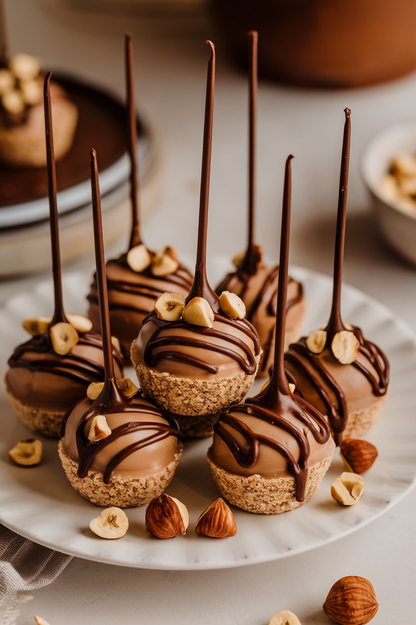 Chocolate cake pops with hazelnuts on sticks arranged on a white plate, perfect for desserts or parties.