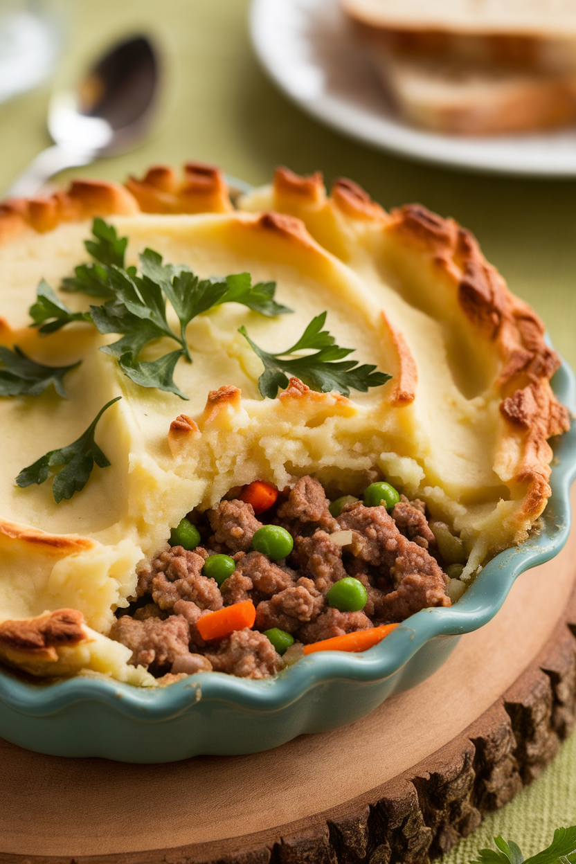 Homemade shepherd's pie with mashed potatoes, minced meat, and vegetables in a rustic dish with parsley garnish.