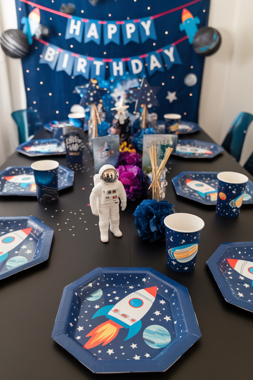 Space-themed birthday party table setup with astronaut figure, rocket plates, and Happy Birthday banner.