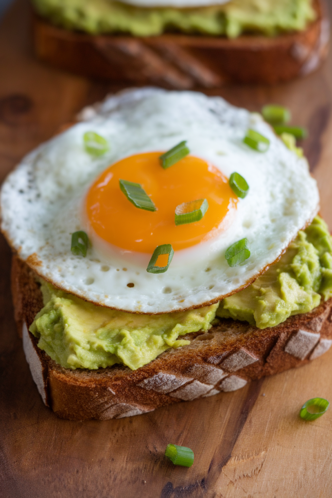 Avocado toast with a sunny-side-up egg and green onions on a wooden board. Perfect breakfast or brunch idea.