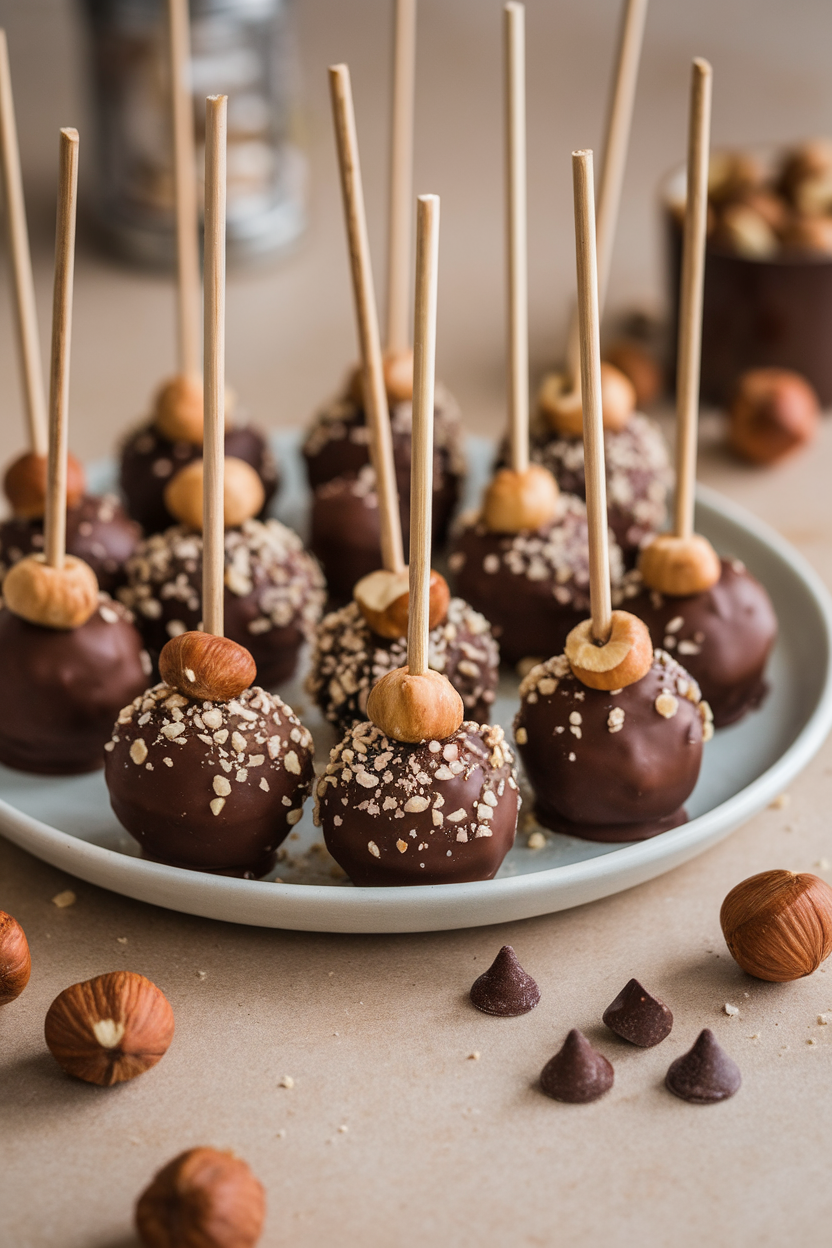 Chocolate hazelnut cake pops on a plate with chopped nuts, skewers, and whole hazelnuts scattered around.