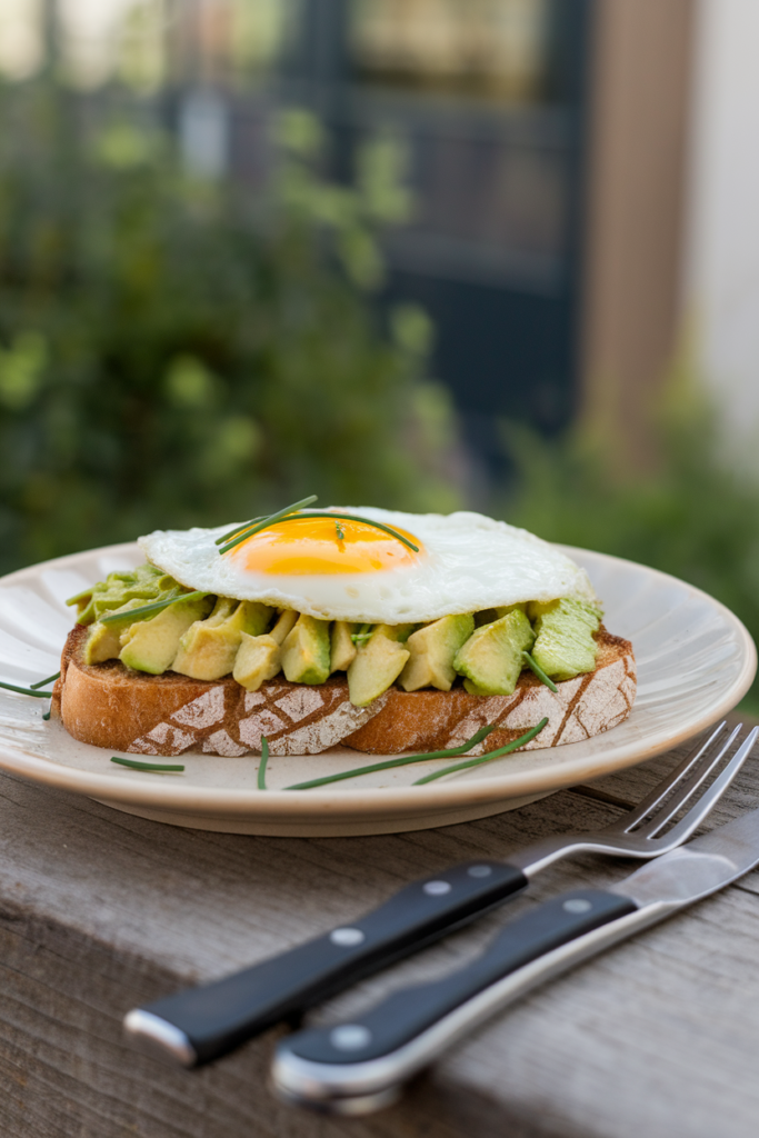 Avocado toast topped with a sunny-side-up egg on a plate, garnished with chives, with fork and knife nearby.