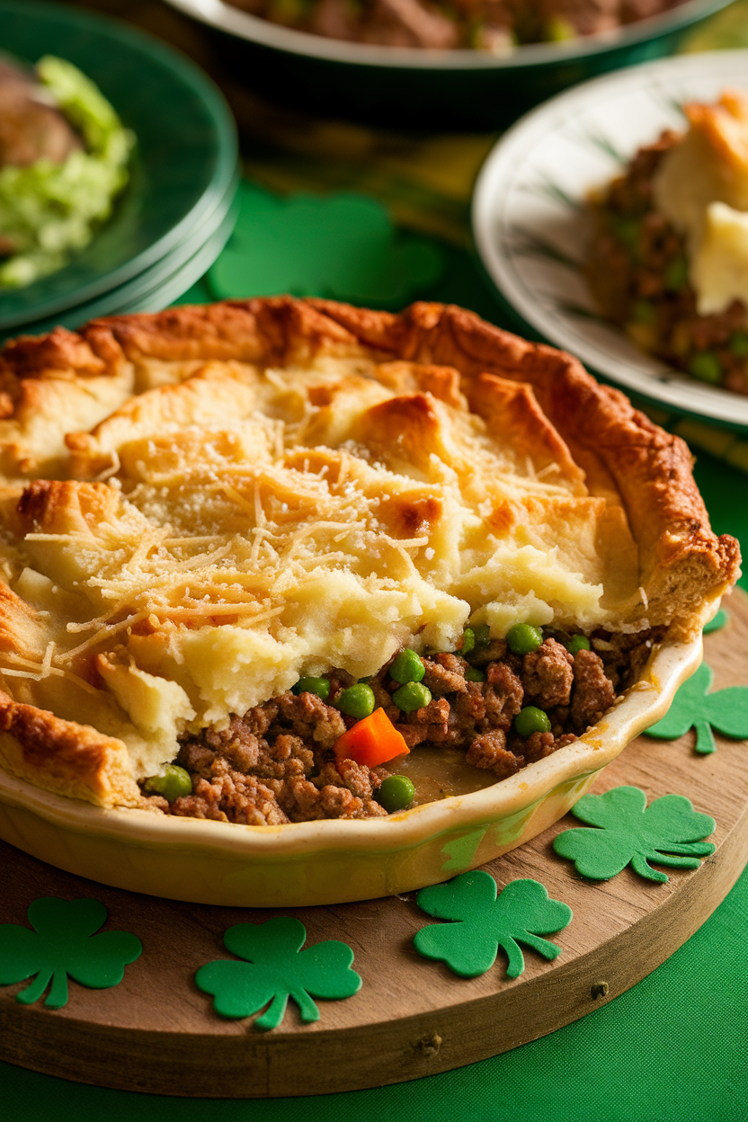 Irish cottage pie with minced meat, peas, carrots, topped with mashed potatoes and cheese, decorated with shamrocks.