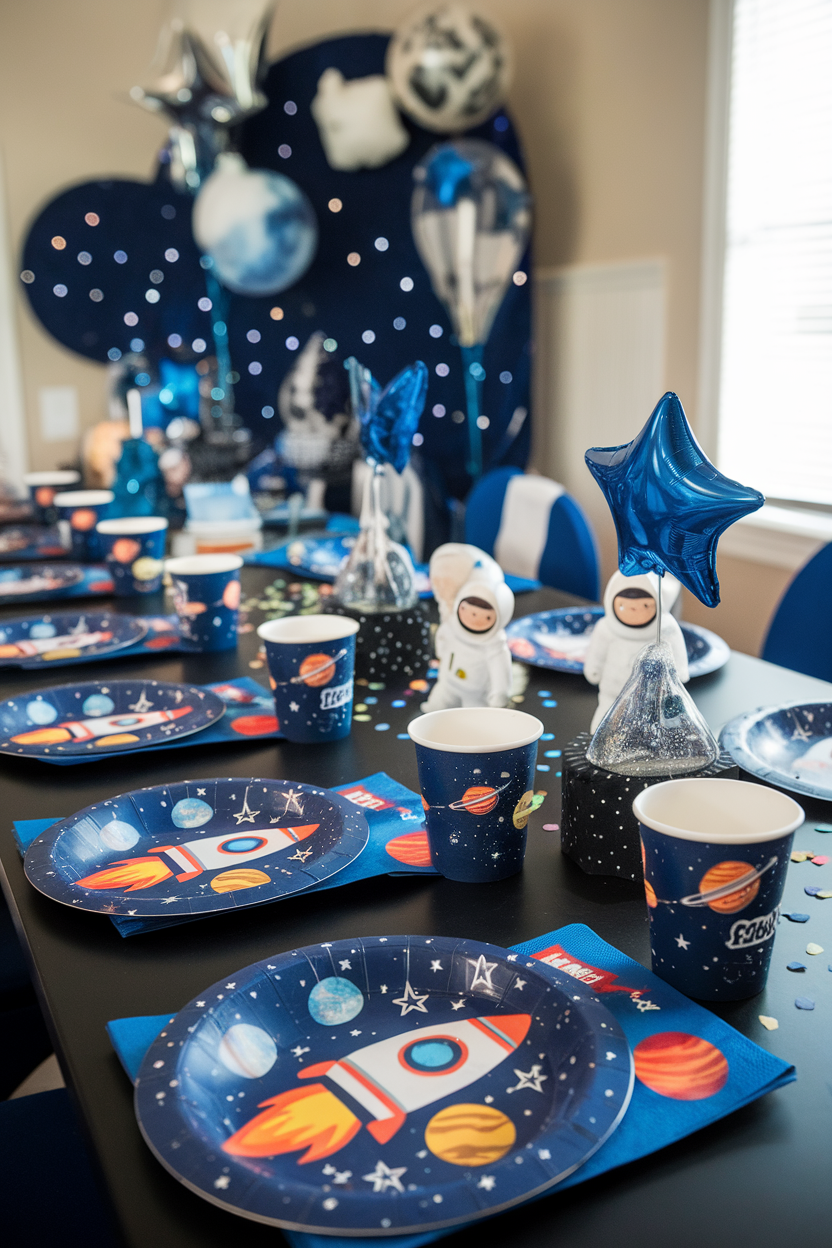 Space-themed birthday party table setting with rocket plates and astronaut decorations.