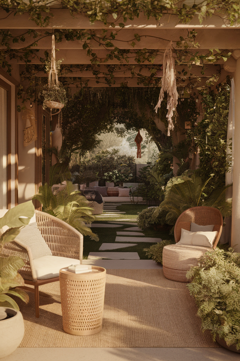 Tranquil patio garden with cozy seating, lush greenery, hanging decor, and natural light. Ideal for relaxation.