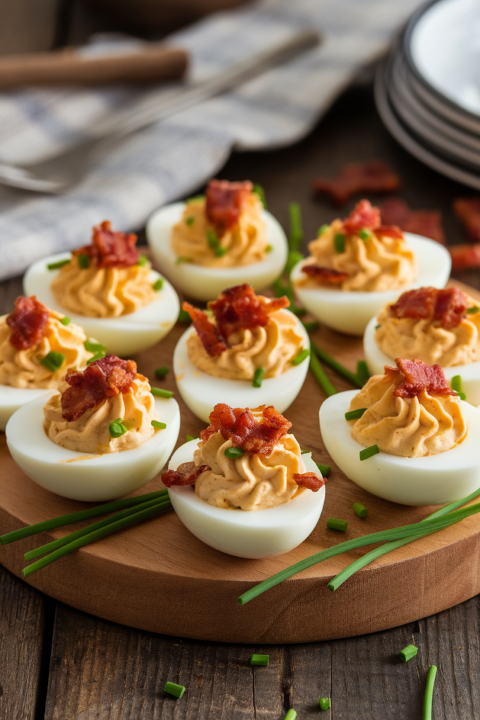 Deviled eggs topped with crispy bacon and chives on a wooden platter, perfect for a savory appetizer.