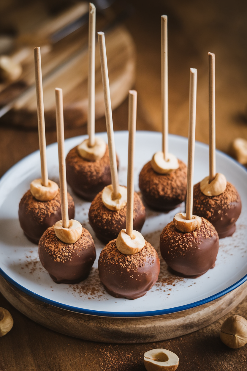 Chocolate cake pops with hazelnuts on skewers, arranged on a plate. Dessert table setting.