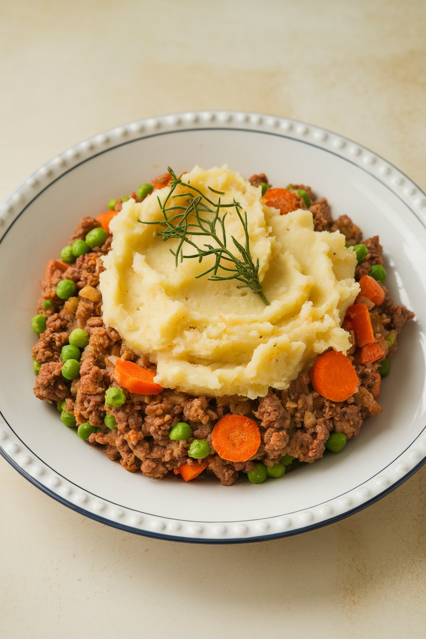 Savory shepherd's pie with mashed potatoes, ground beef, carrots, and peas garnished with herbs in a white dish.