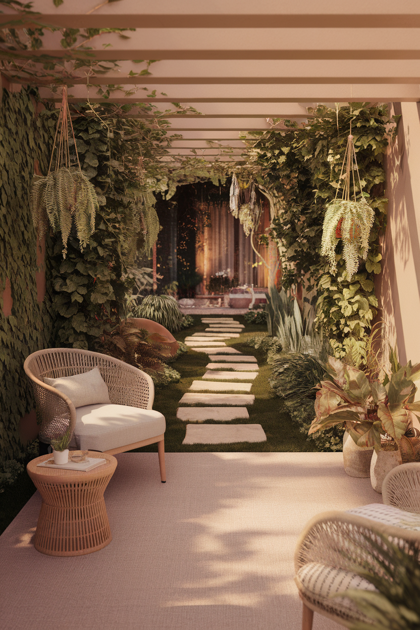 Cozy garden patio with wicker chairs, lush greenery, and stone path leading to a warmly lit entrance.