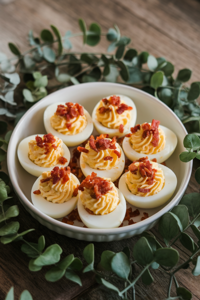 Plate of deviled eggs topped with crispy bacon, garnished with greenery on a wooden table.