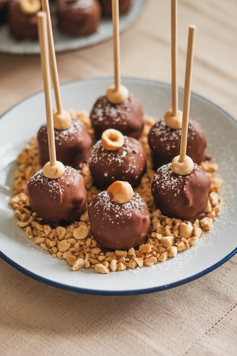 Chocolate-covered truffles on skewers garnished with nuts and confectioner's sugar in a white plate.