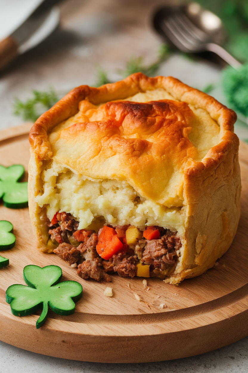 Hearty meat and vegetable pie with mashed potato topping, garnished with green shamrock cutouts on a wooden board.