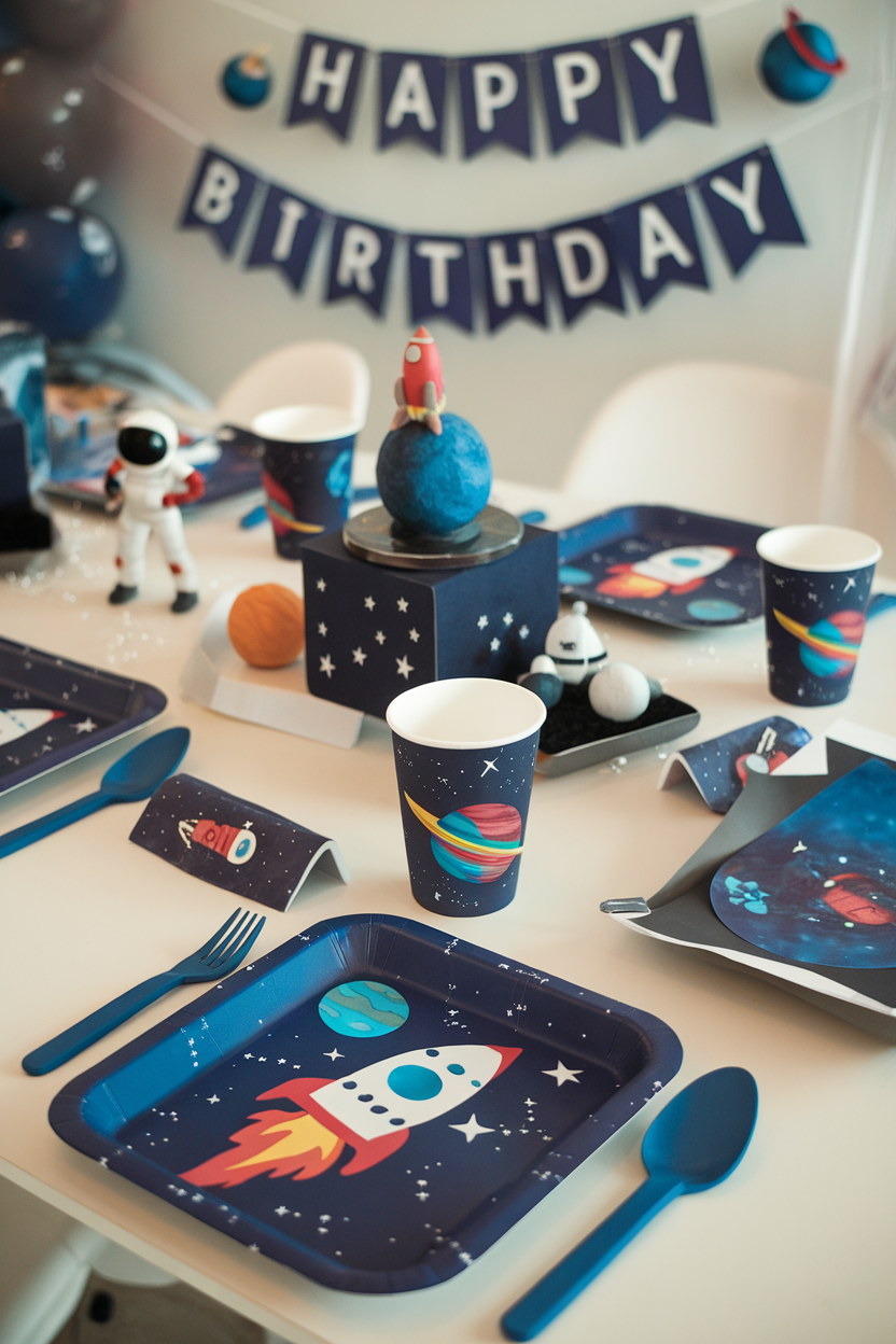 Space-themed birthday party table setup with rocket plates and astronaut decor.