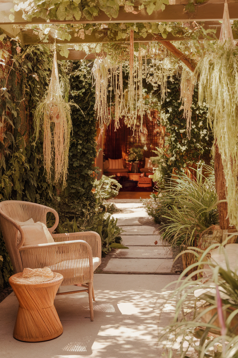 Bohemian garden patio with wicker chair, hanging plants, and lush greenery on a sunny day.