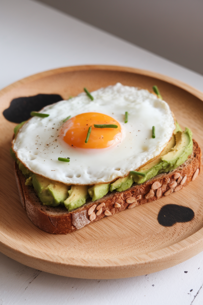 Avocado toast topped with a sunny-side-up egg and chives on a wooden plate, perfect for a healthy breakfast.