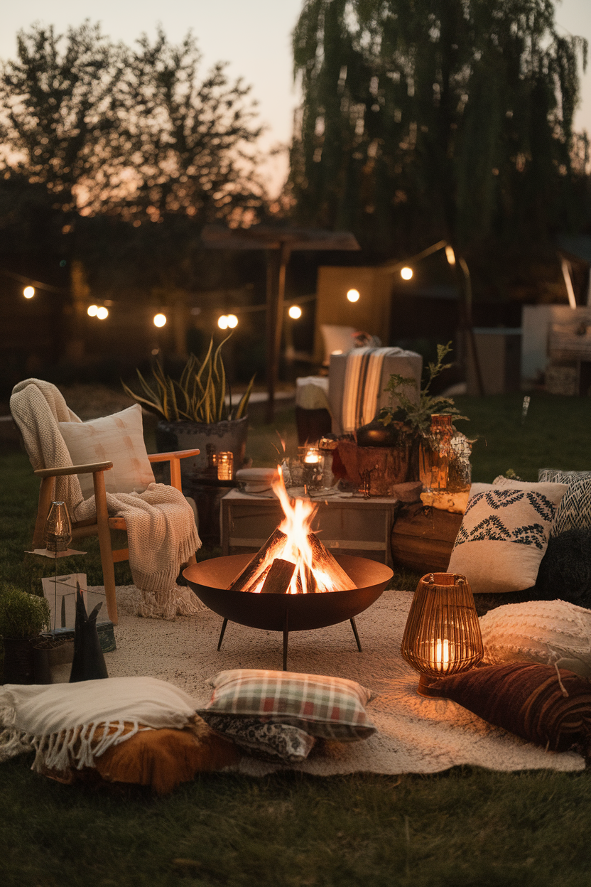 Cozy backyard fire pit setup with cushions and string lights, perfect for a relaxing evening under the stars.