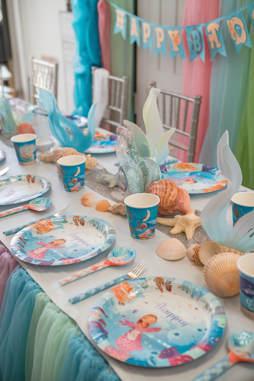 Mermaid-themed birthday table setting with ocean decorations, seashells, and a happy birthday banner.