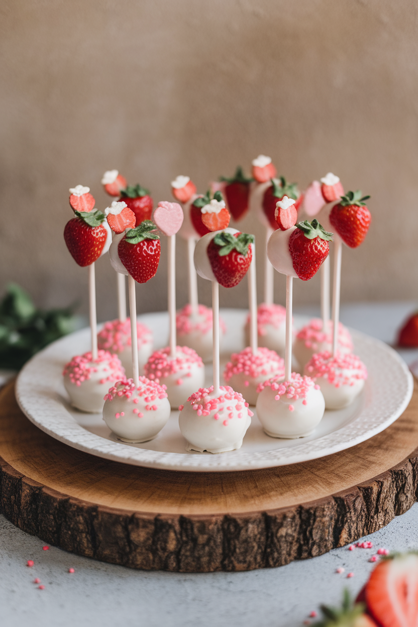 Valentine-themed cake pops with strawberries and pink toppings on a white plate, set on a wooden stand.