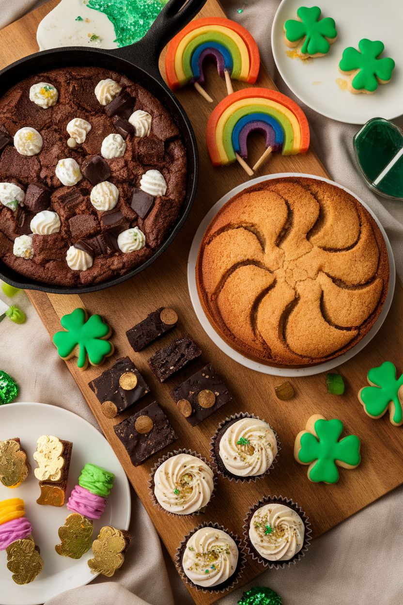 Assorted St. Patrick's Day treats with shamrock cookies, rainbow lollipops, and festive cupcakes on a wooden board.