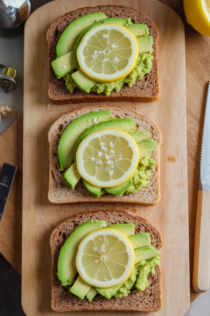 Avocado toast topped with lemon slices on a wooden board, perfect for a healthy breakfast.