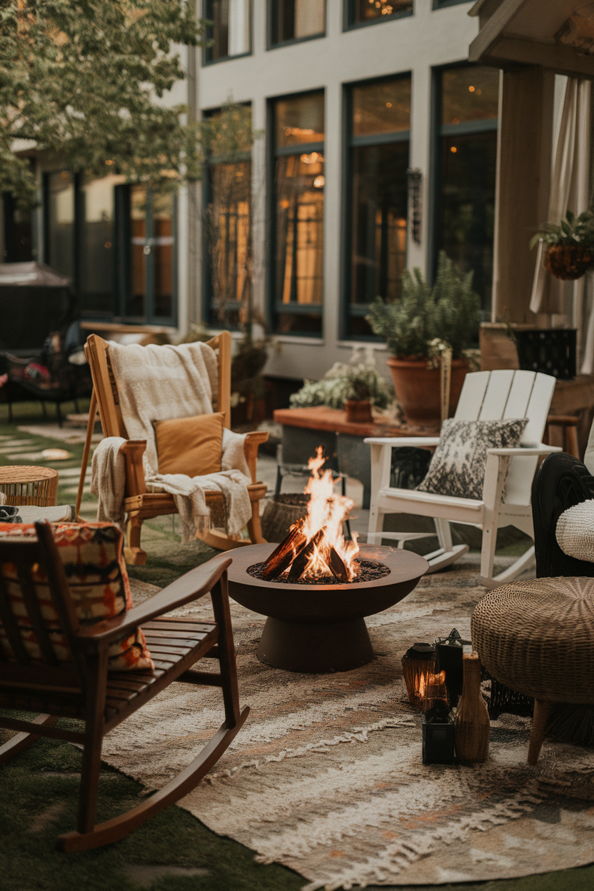 Cozy outdoor patio with fire pit and comfortable chairs, perfect for relaxing evenings.