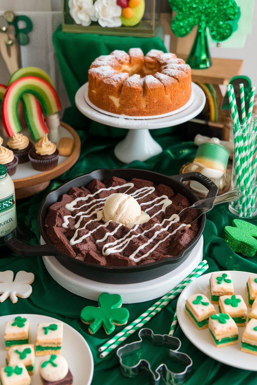 St. Patrick's Day dessert spread with cake, skillet brownie, cookies, cupcakes, and decorations.