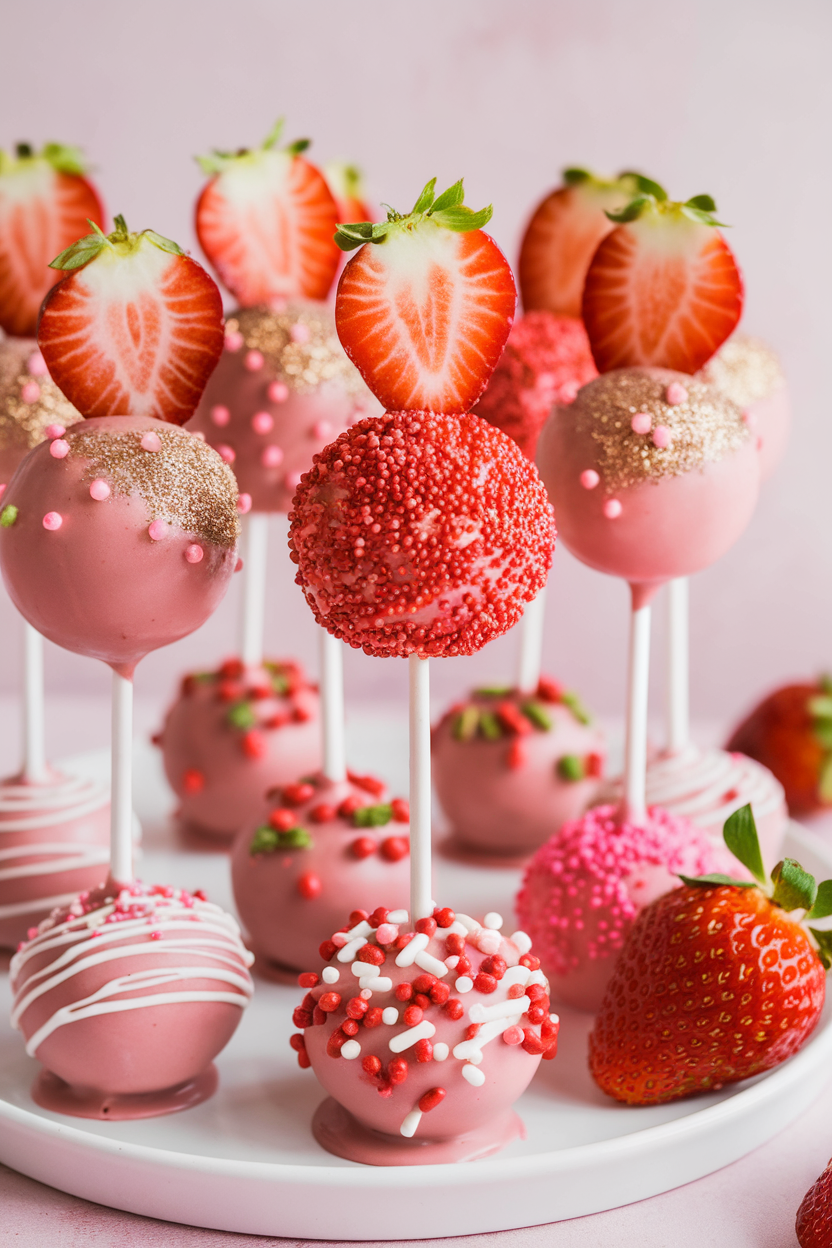 Assorted pink cake pops with strawberries and sprinkles on a white plate, perfect for a sweet celebration.