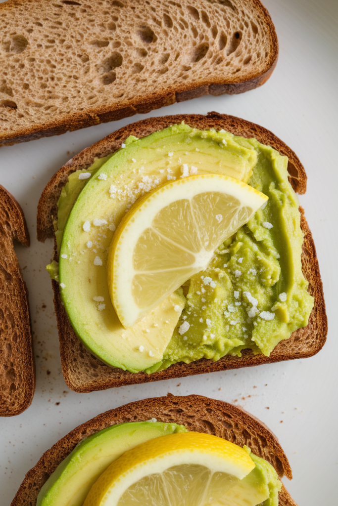 Avocado toast with lemon slices on whole grain bread, garnished with salt. Healthy breakfast concept.