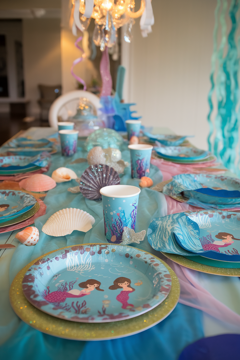 Mermaid-themed party table with ocean plates, cups, seashells, and blue decorations.