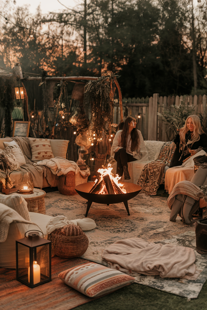 Cozy outdoor gathering with friends around a fire pit, cushions, and blankets at twilight.