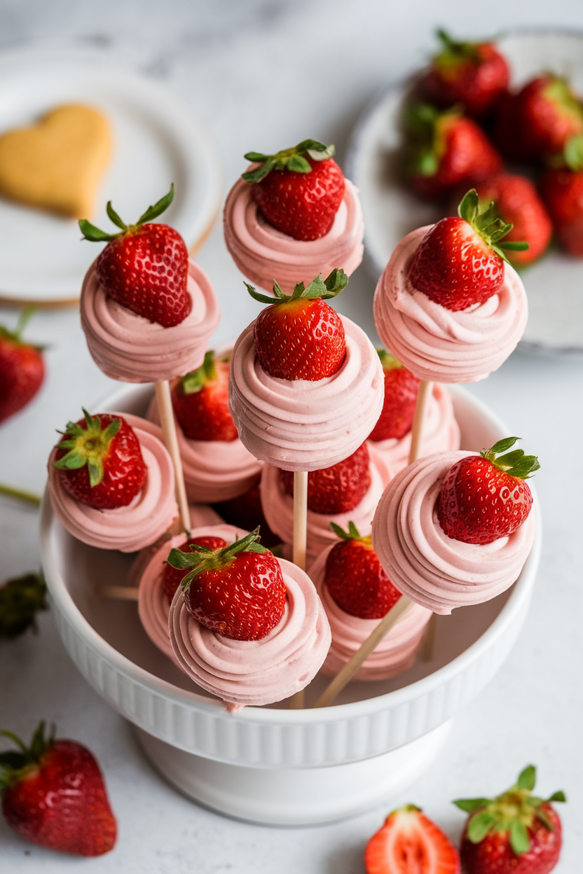 Strawberry cake pops on a stick with creamy pink frosting in a white bowl, surrounded by fresh strawberries.