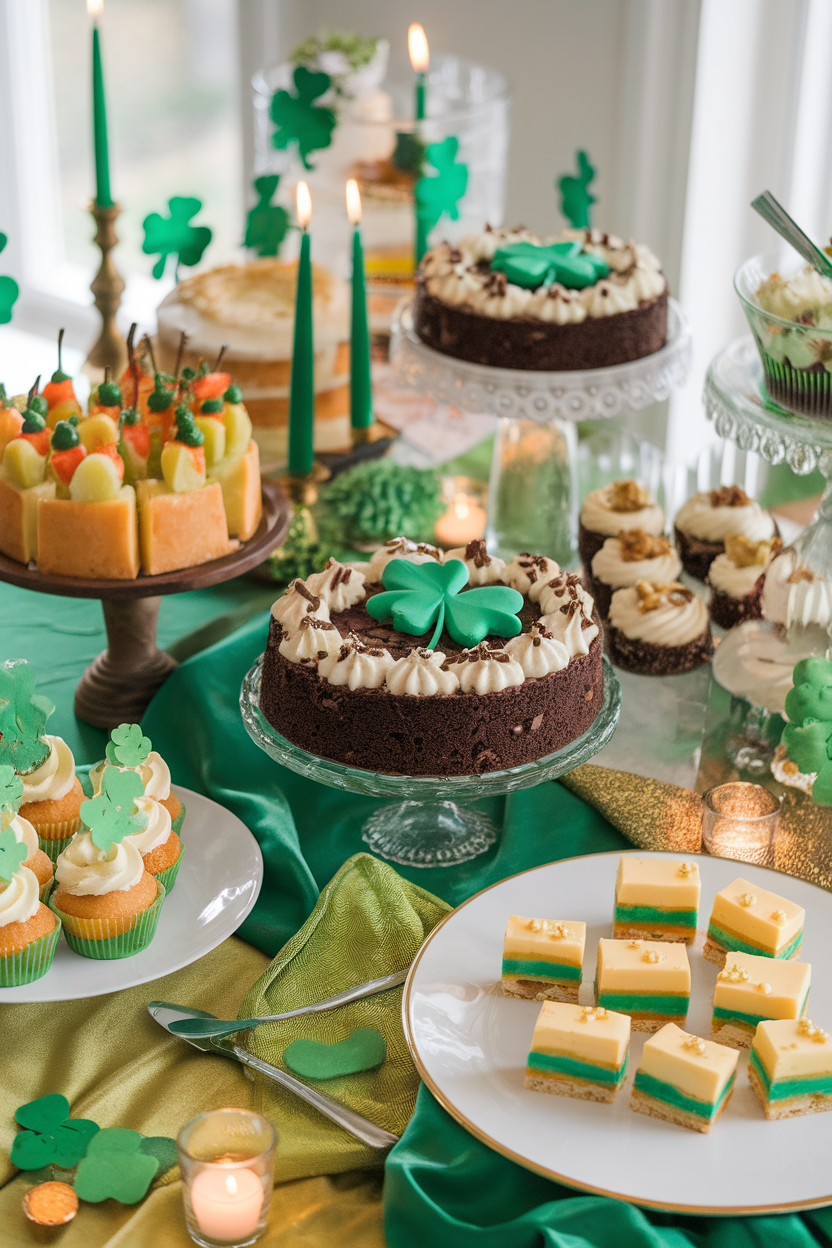 Festive St. Patrick's Day dessert table with shamrock cake, cupcakes, and treats on green decor.