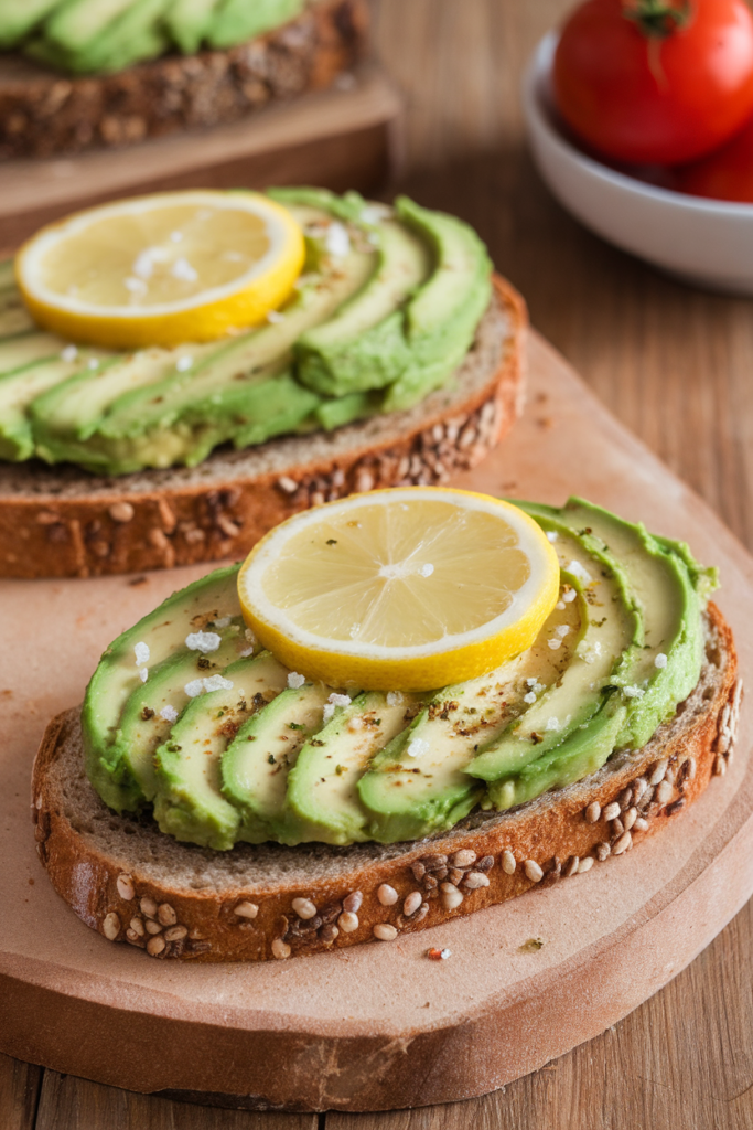 Avocado toast with lemon slices on seeded bread, garnished with salt and pepper on a wooden board.