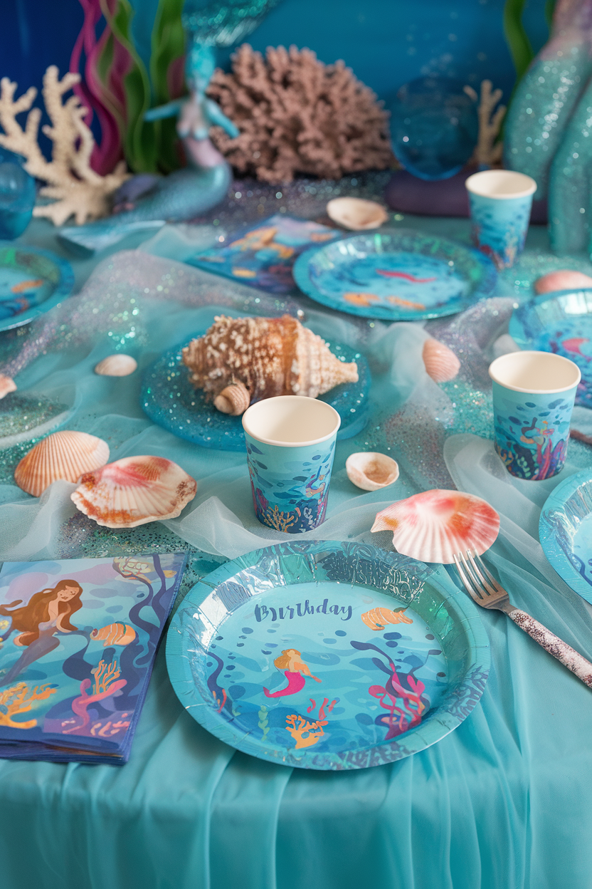 Mermaid-themed birthday table setup with seashells, blue plates, and cups on an ocean-like backdrop.