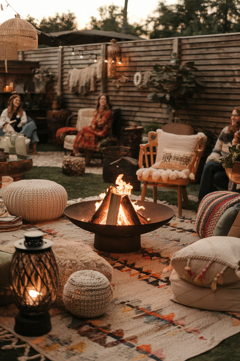 Cozy outdoor patio with fire pit, bohemian decor, and comfortable seating for relaxation and social gatherings.