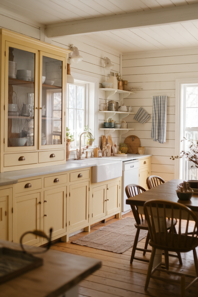 Cozy farmhouse kitchen with yellow cabinets, wooden dining table, and open shelving. Bright, rustic interior design.