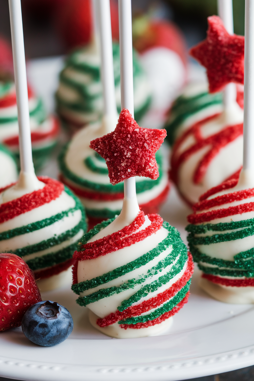 Festive holiday cake pops with red and green sugar sprinkles and strawberry and blueberry garnish on a plate.