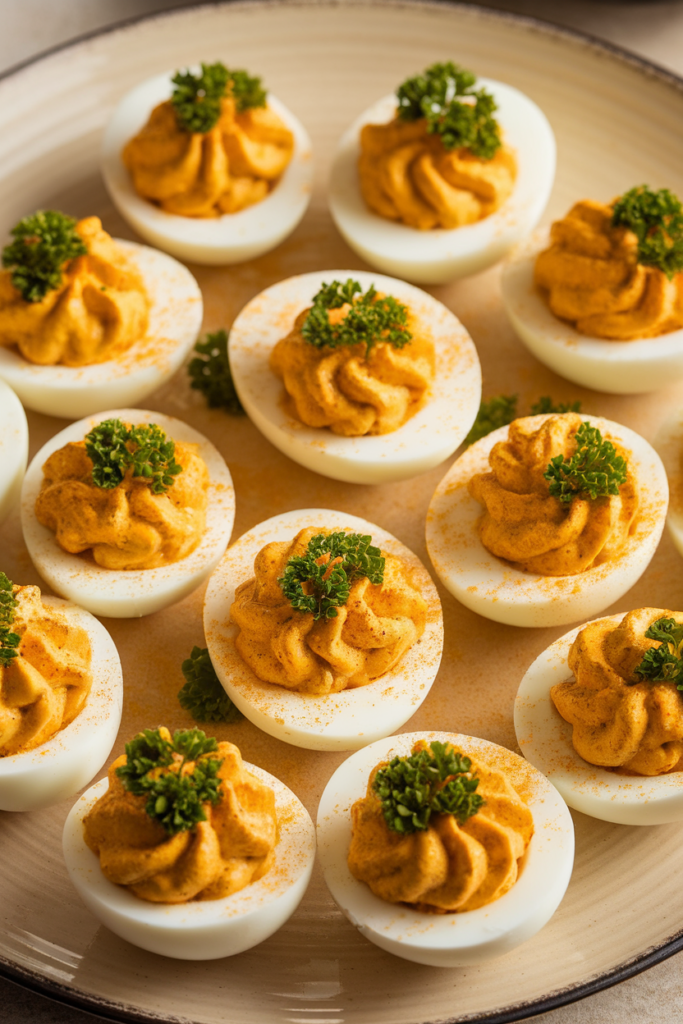 Platter of creamy deviled eggs garnished with fresh parsley and a sprinkle of paprika, perfect appetizer.