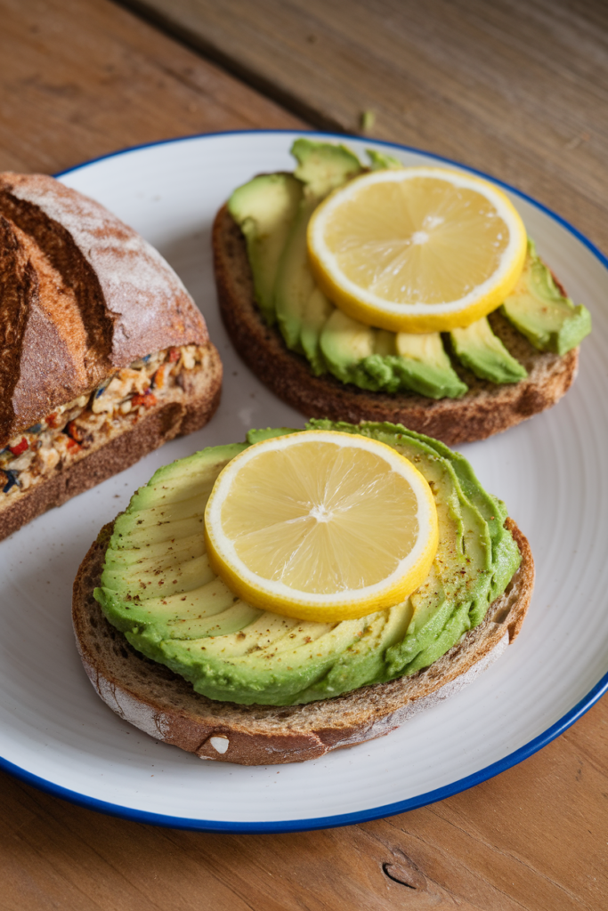 Avocado toast with lemon slices on rustic bread, served on a white plate, wooden background. Healthy breakfast option.