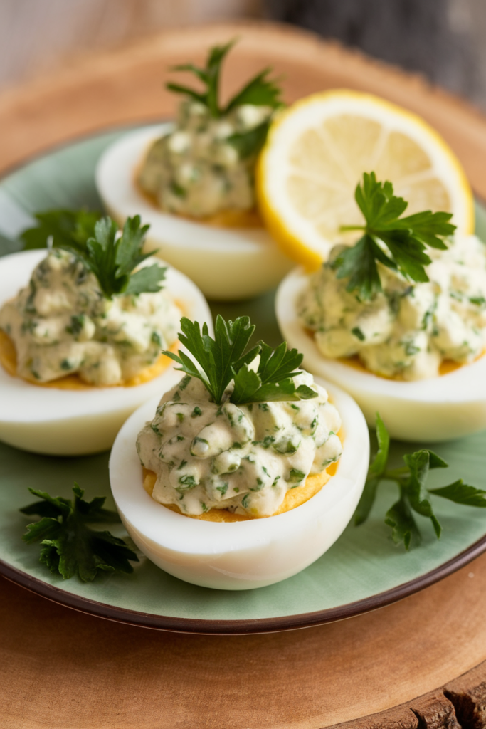 Deviled eggs garnished with fresh parsley and lemon slice on a green plate.