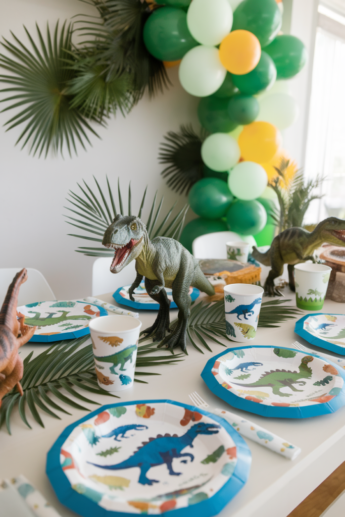 Dinosaur-themed party table setup with plates, cups, and decorations featuring vibrant green and yellow balloons.